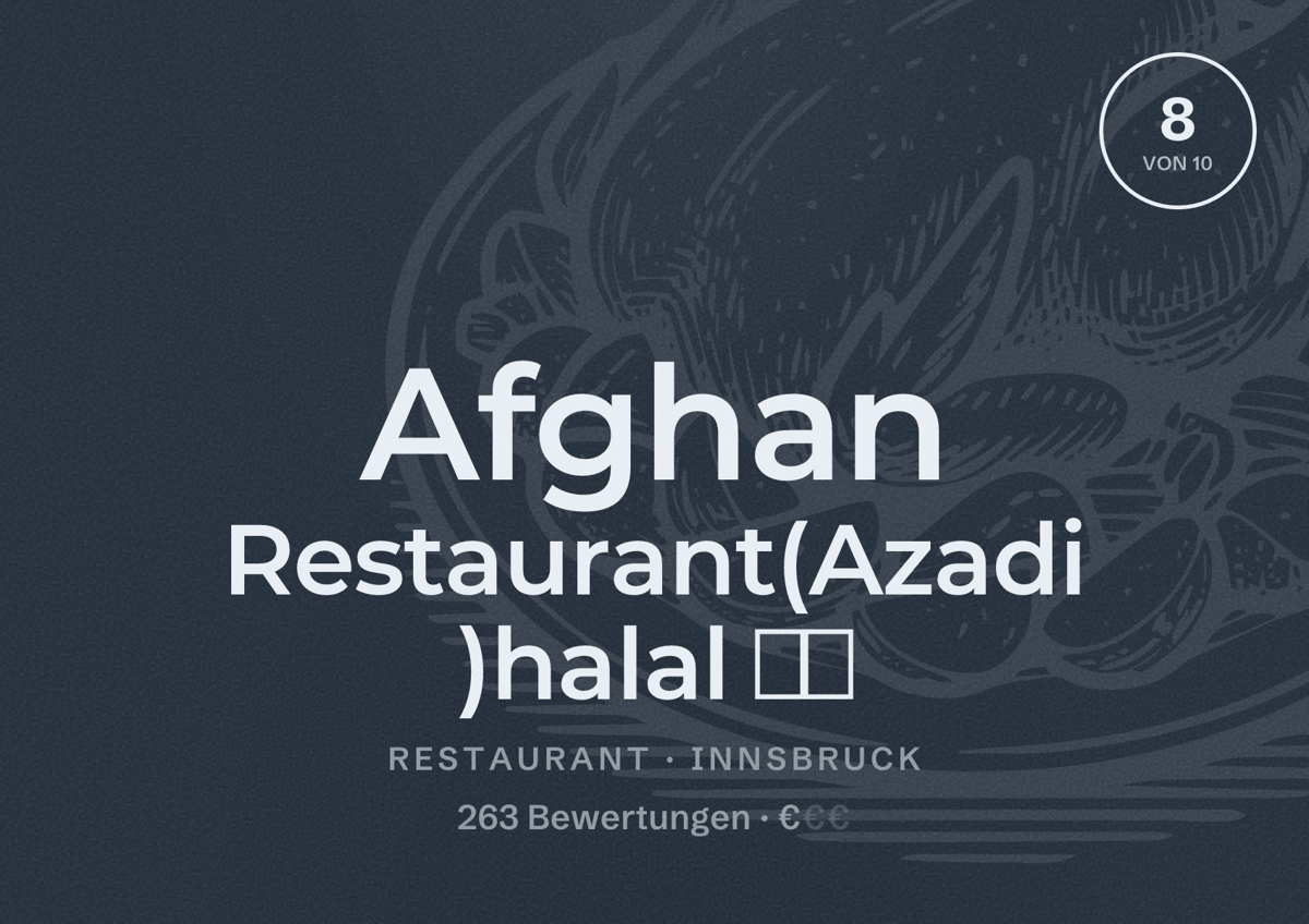 Illustriertes Poster von Afghan Restaurant(Azadi )halal 🇦🇫, Restaurant in Innsbruck: Bewertung 8 von 10 aus 263 Bewertungen, Preisniveau €