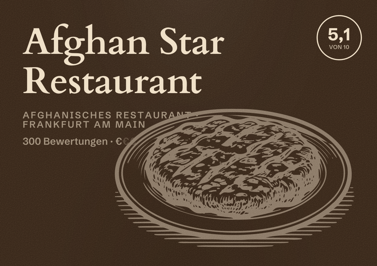 Illustriertes Poster von Afghan Star Restaurant, Afghanisches Restaurant in Frankfurt am Main: Bewertung 5,1 von 10 aus 300 Bewertungen, Preisniveau €