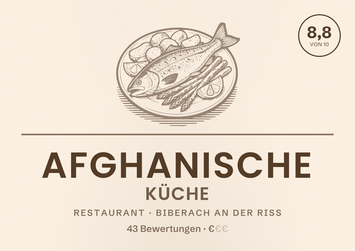Illustriertes Poster von Afghanische Küche, Restaurant in Biberach an der Riß: Bewertung 8,8 von 10 aus 43 Bewertungen, Preisniveau €