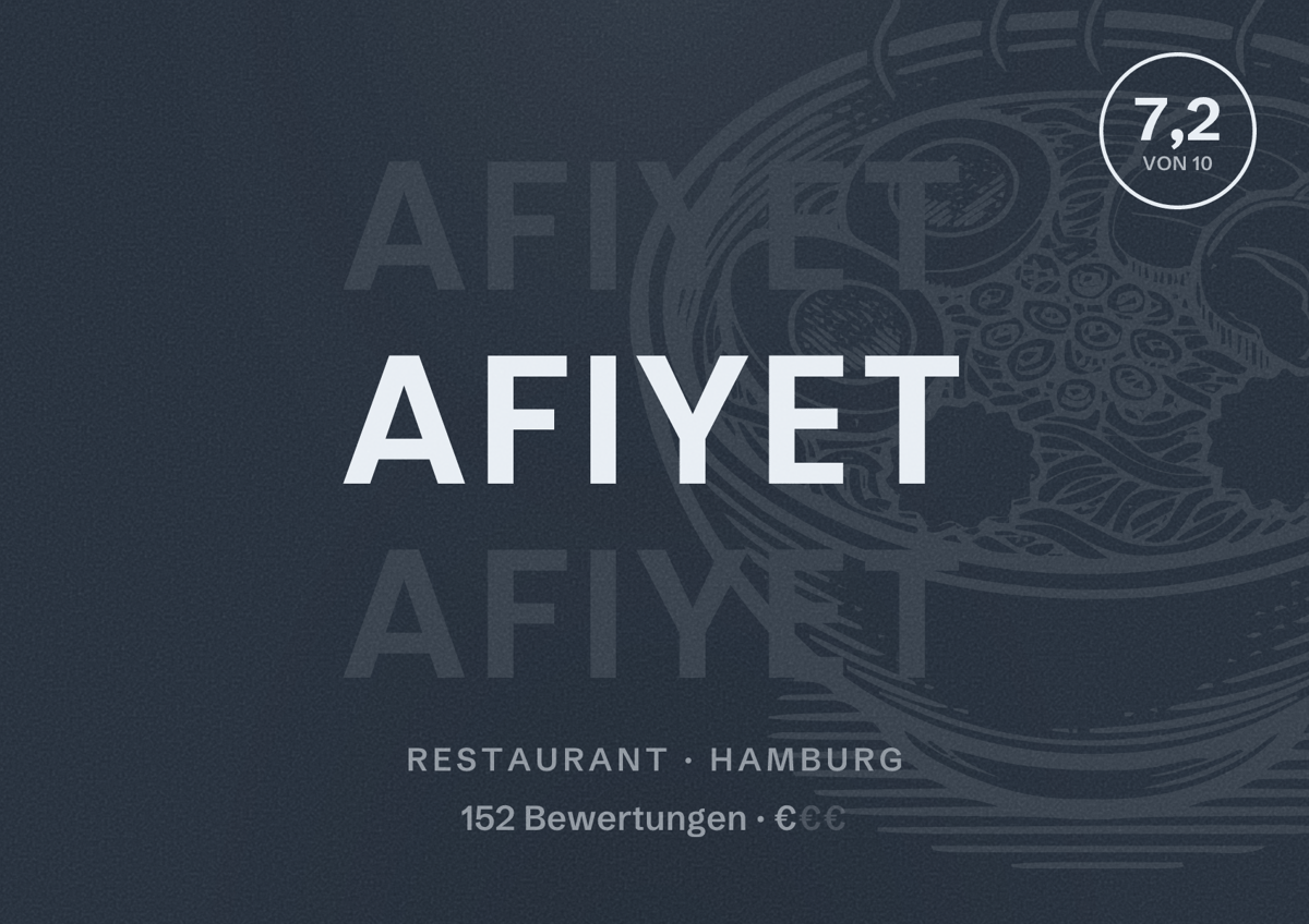 Illustriertes Poster von Afiyet, Restaurant in Hamburg: Bewertung 7,2 von 10 aus 152 Bewertungen, Preisniveau €