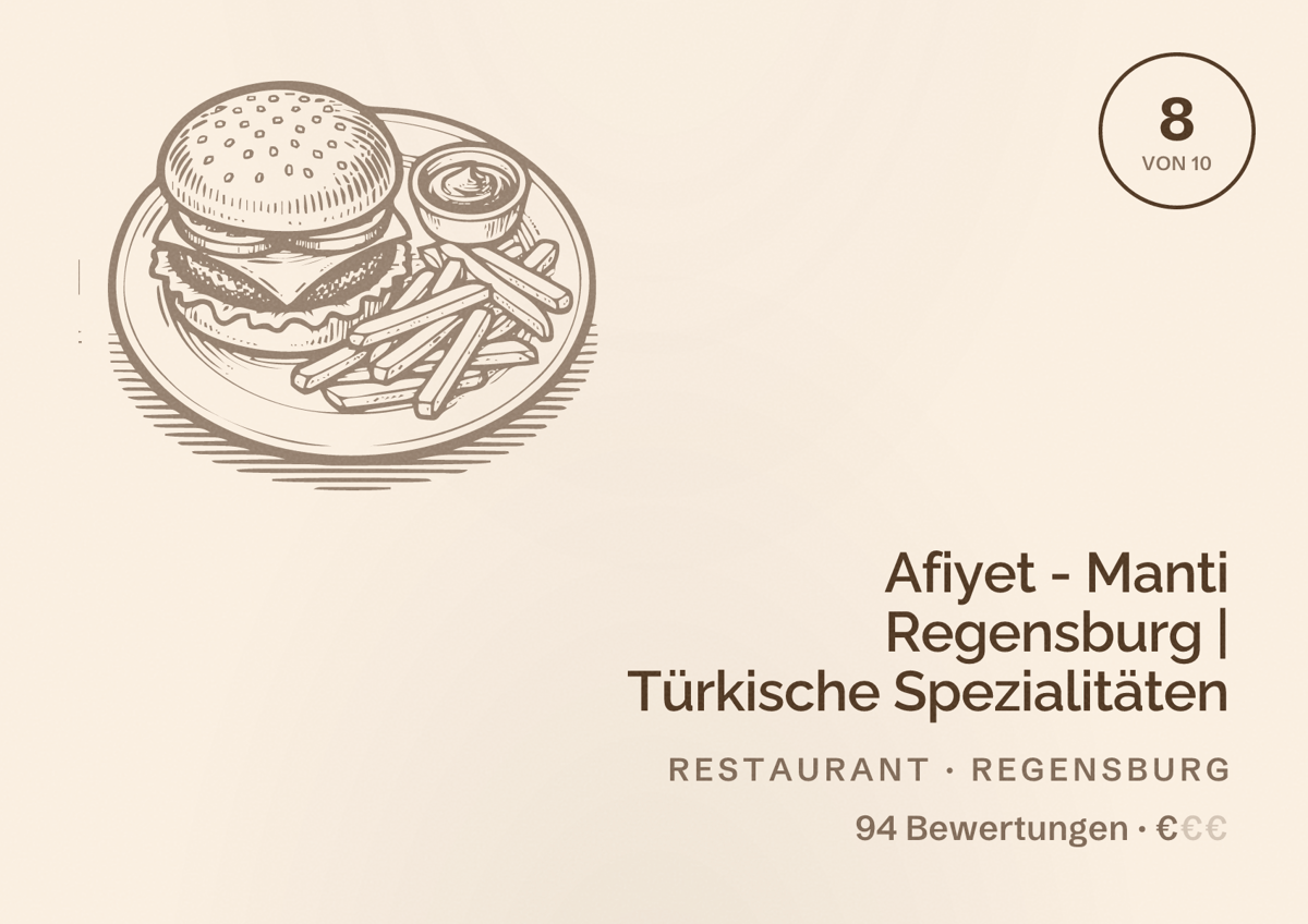Illustriertes Poster von Afiyet - Manti Regensburg | Türkische Spezialitäten, Restaurant in Regensburg: Bewertung 8 von 10 aus 94 Bewertungen, Preisniveau €