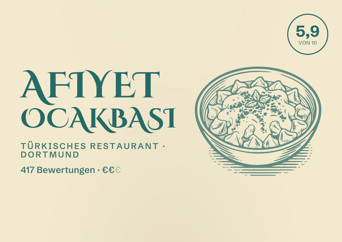 Illustriertes Poster von Afiyet Ocakbasi, Türkisches Restaurant in Dortmund: Bewertung 5,9 von 10 aus 417 Bewertungen, Preisniveau €€