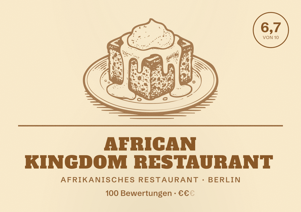 Illustriertes Poster von African Kingdom Restaurant, Afrikanisches Restaurant in Berlin: Bewertung 6,7 von 10 aus 100 Bewertungen, Preisniveau €€