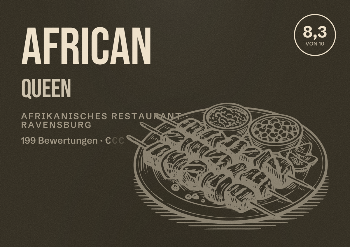 Illustriertes Poster von African Queen, Afrikanisches Restaurant in Ravensburg: Bewertung 8,3 von 10 aus 199 Bewertungen, Preisniveau €