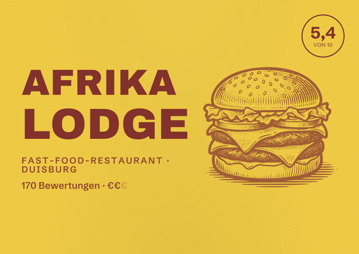 Illustriertes Poster von Afrika Lodge, Fast-Food-Restaurant in Duisburg: Bewertung 5,4 von 10 aus 170 Bewertungen, Preisniveau €€