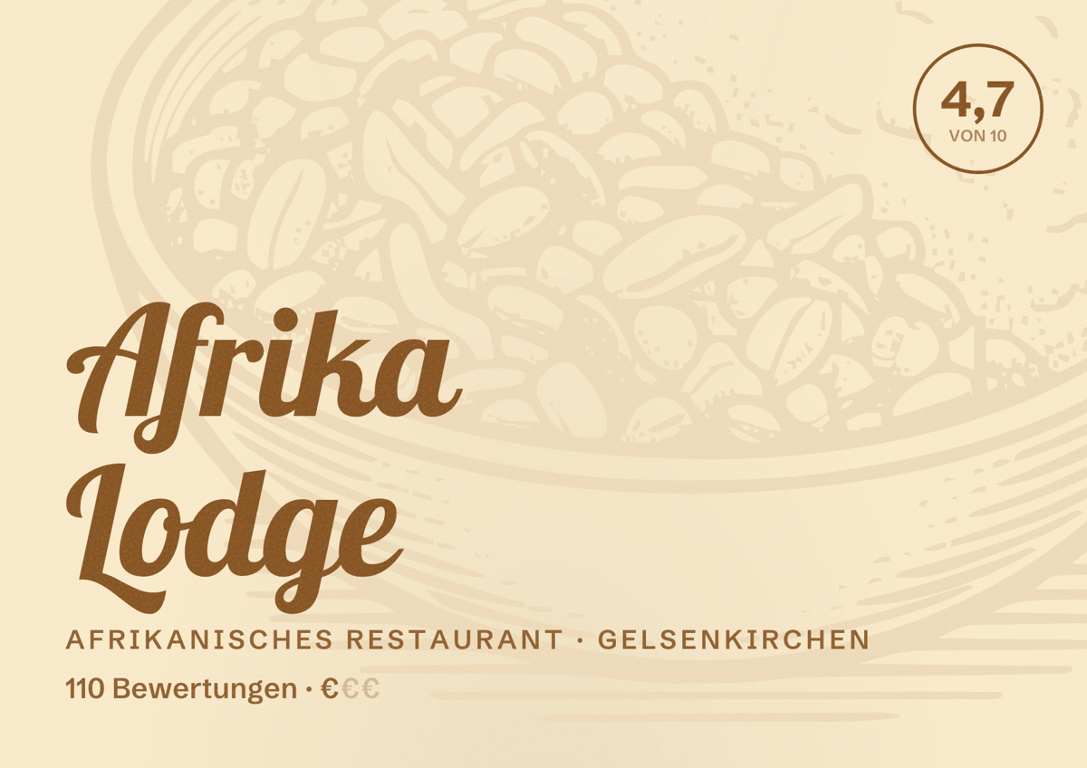 Illustriertes Poster von Afrika Lodge, Afrikanisches Restaurant in Gelsenkirchen: Bewertung 4,7 von 10 aus 110 Bewertungen, Preisniveau €