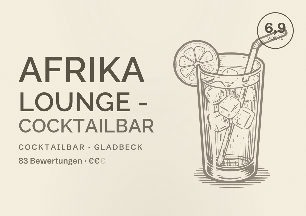 Illustriertes Poster von Afrika Lounge - Cocktailbar, Cocktailbar in Gladbeck: Bewertung 6,9 von 10 aus 83 Bewertungen, Preisniveau €€