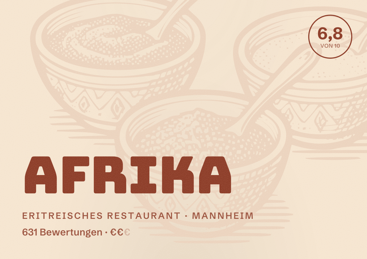 Illustriertes Poster von Afrika, Eritreisches Restaurant in Mannheim: Bewertung 6,8 von 10 aus 631 Bewertungen, Preisniveau €€