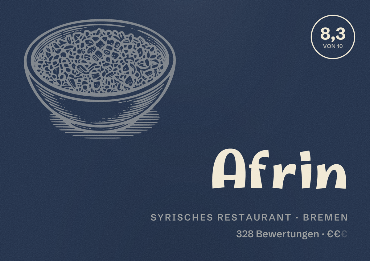 Illustriertes Poster von Afrin, Syrisches Restaurant in Bremen: Bewertung 8,3 von 10 aus 328 Bewertungen, Preisniveau €€