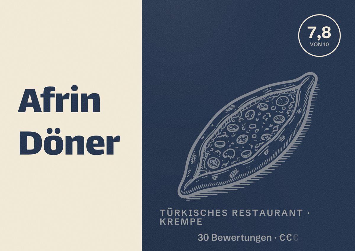 Illustriertes Poster von Afrin Döner, Türkisches Restaurant in Krempe: Bewertung 7,8 von 10 aus 30 Bewertungen, Preisniveau €€