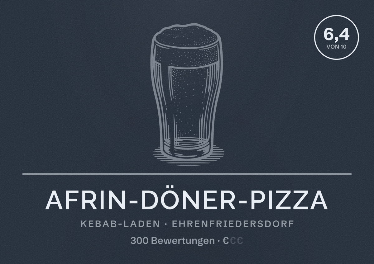 Illustriertes Poster von Afrin-Döner-Pizza, Kebab-Laden in Ehrenfriedersdorf: Bewertung 6,4 von 10 aus 300 Bewertungen, Preisniveau €