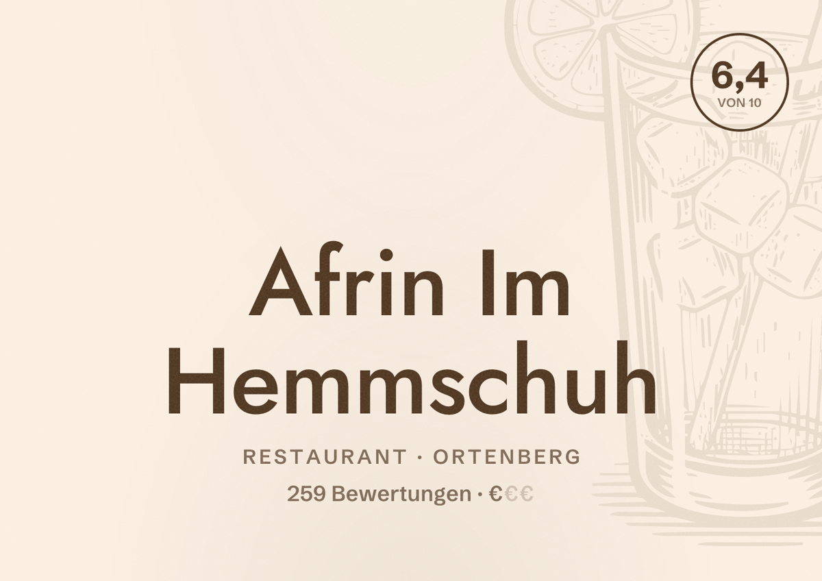 Illustriertes Poster von Afrin Im Hemmschuh, Restaurant in Ortenberg: Bewertung 6,4 von 10 aus 259 Bewertungen, Preisniveau €