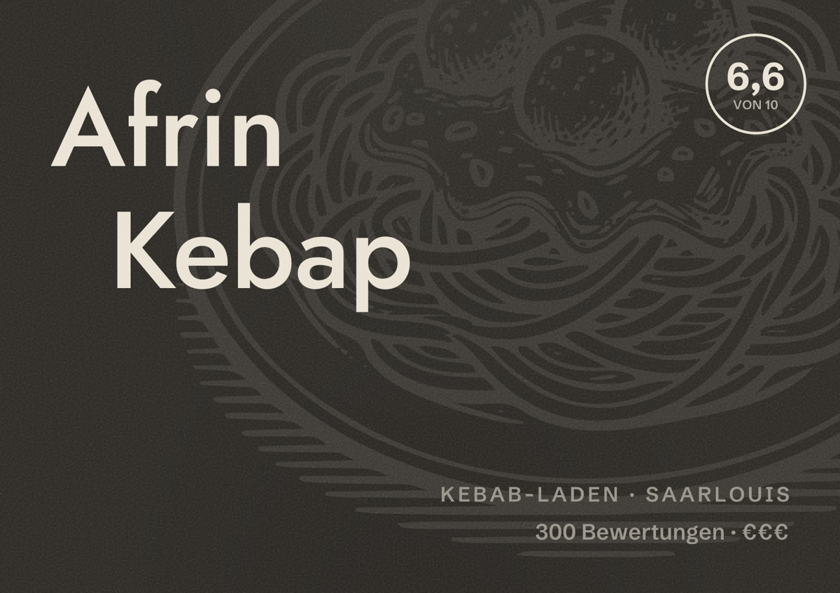Illustriertes Poster von Afrin Kebap, Kebab-Laden in Saarlouis: Bewertung 6,6 von 10 aus 300 Bewertungen, Preisniveau €€€