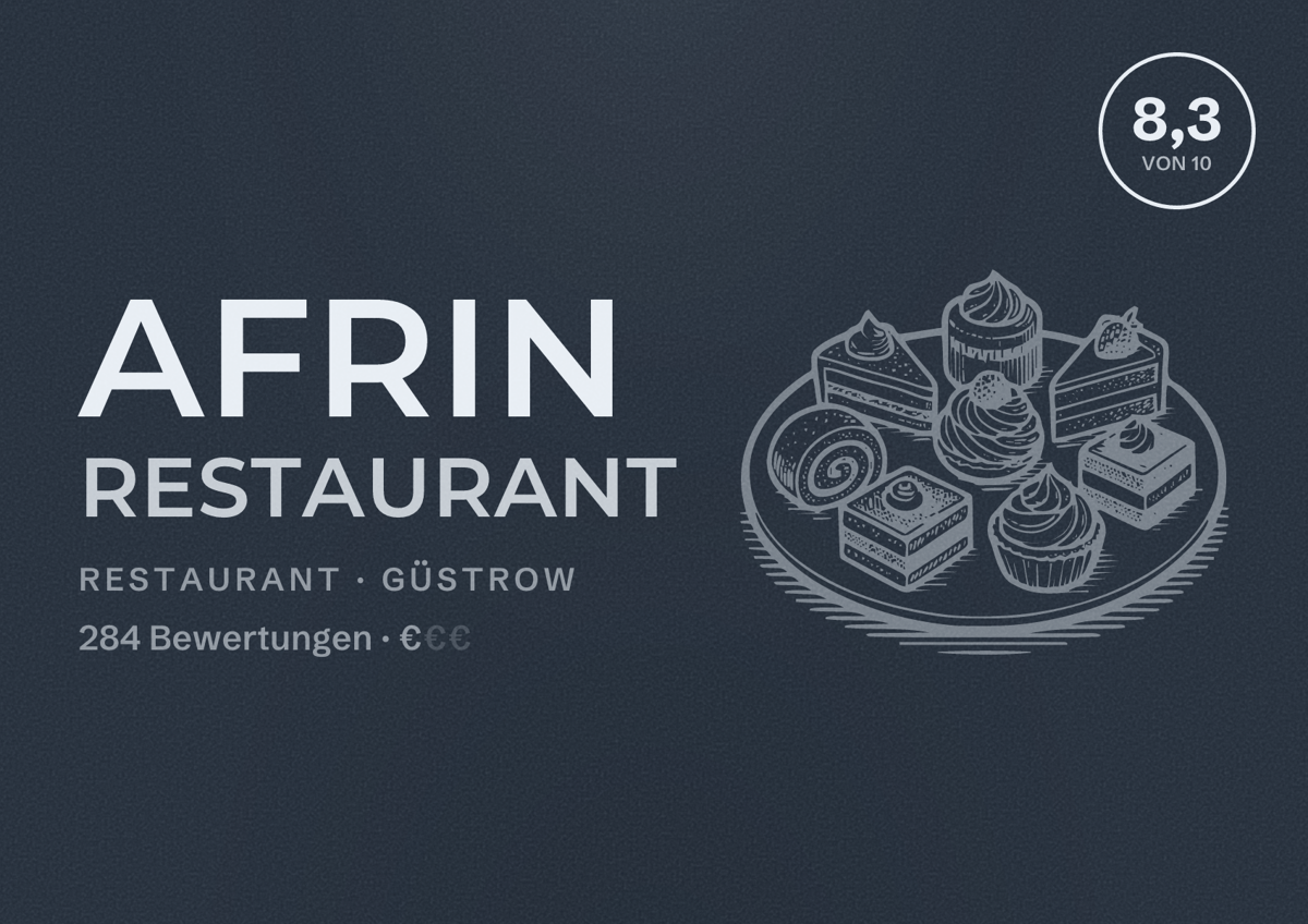 Illustriertes Poster von Afrin Restaurant, Restaurant in Güstrow: Bewertung 8,3 von 10 aus 284 Bewertungen, Preisniveau €