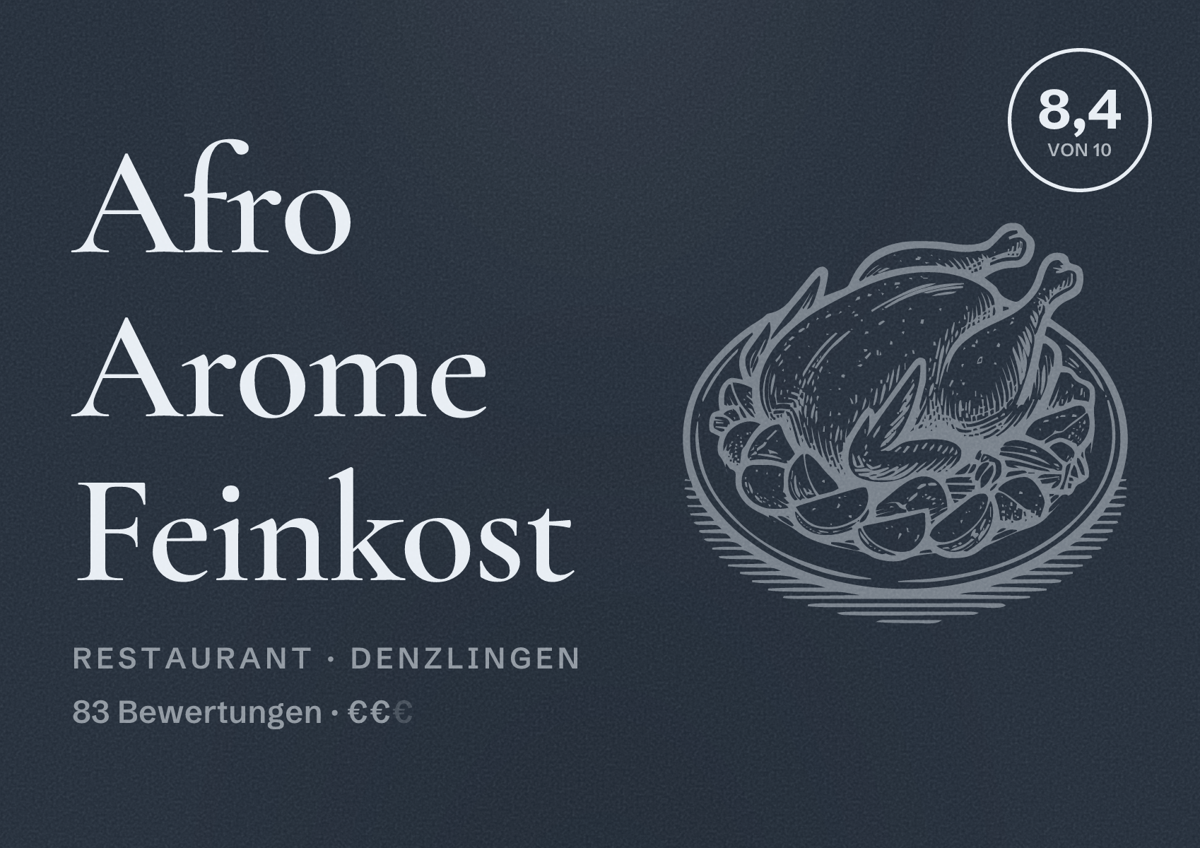 Illustriertes Poster von Afro Arome Feinkost, Restaurant in Denzlingen: Bewertung 8,4 von 10 aus 83 Bewertungen, Preisniveau €€