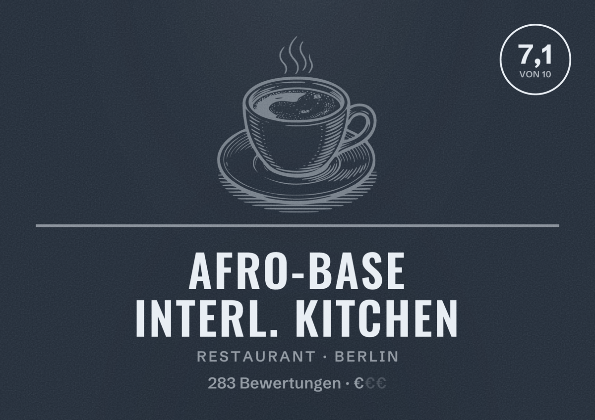 Illustriertes Poster von Afro-Base Interl. Kitchen, Restaurant in Berlin: Bewertung 7,1 von 10 aus 283 Bewertungen, Preisniveau €