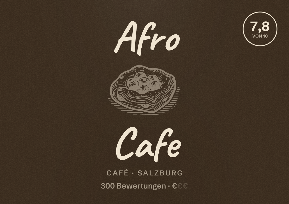 Illustriertes Poster von Afro Cafe, Café in Salzburg: Bewertung 7,8 von 10 aus 300 Bewertungen, Preisniveau €