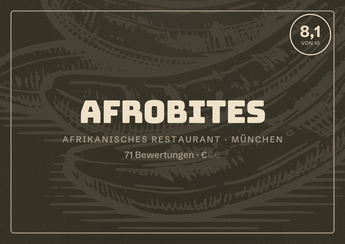 Illustriertes Poster von AfroBites, Afrikanisches Restaurant in München: Bewertung 8,1 von 10 aus 71 Bewertungen, Preisniveau €