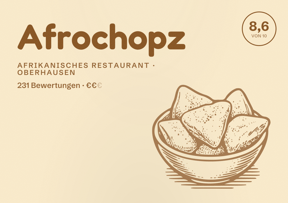 Illustriertes Poster von Afrochopz, Afrikanisches Restaurant in Oberhausen: Bewertung 8,6 von 10 aus 231 Bewertungen, Preisniveau €€