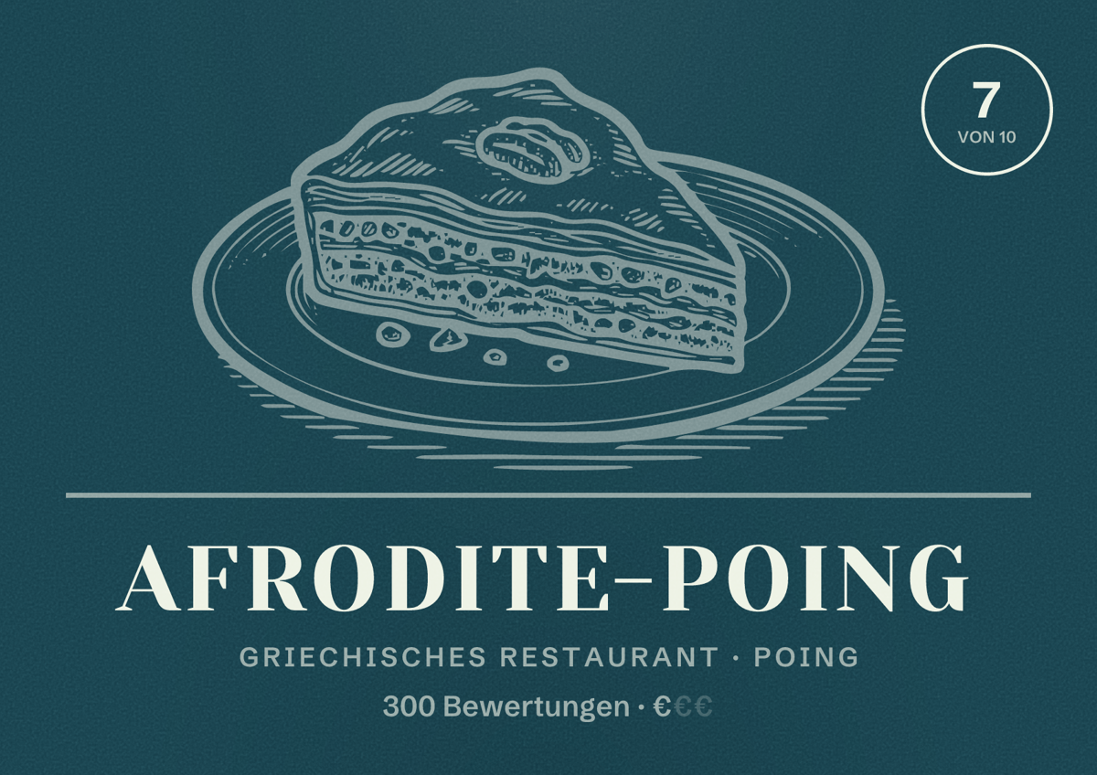 Illustriertes Poster von Afrodite-Poing, Griechisches Restaurant in Poing: Bewertung 7 von 10 aus 300 Bewertungen, Preisniveau €