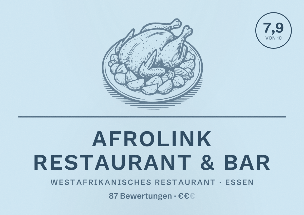Illustriertes Poster von Afrolink Restaurant & Bar, Westafrikanisches Restaurant in Essen: Bewertung 7,9 von 10 aus 87 Bewertungen, Preisniveau €€
