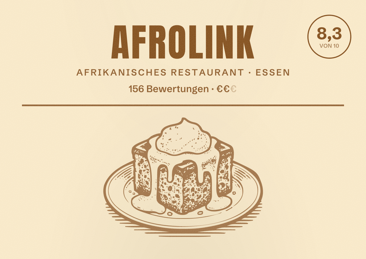 Illustriertes Poster von Afrolink, Afrikanisches Restaurant in Essen: Bewertung 8,3 von 10 aus 156 Bewertungen, Preisniveau €€