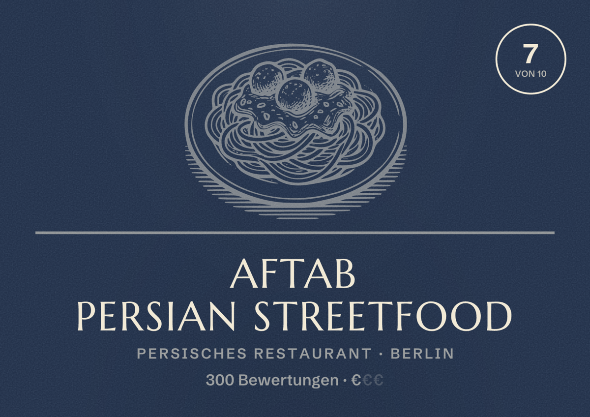Illustriertes Poster von Aftab Persian Streetfood, Persisches Restaurant in Berlin: Bewertung 7,0 von 10 aus 300 Bewertungen, Preisniveau €