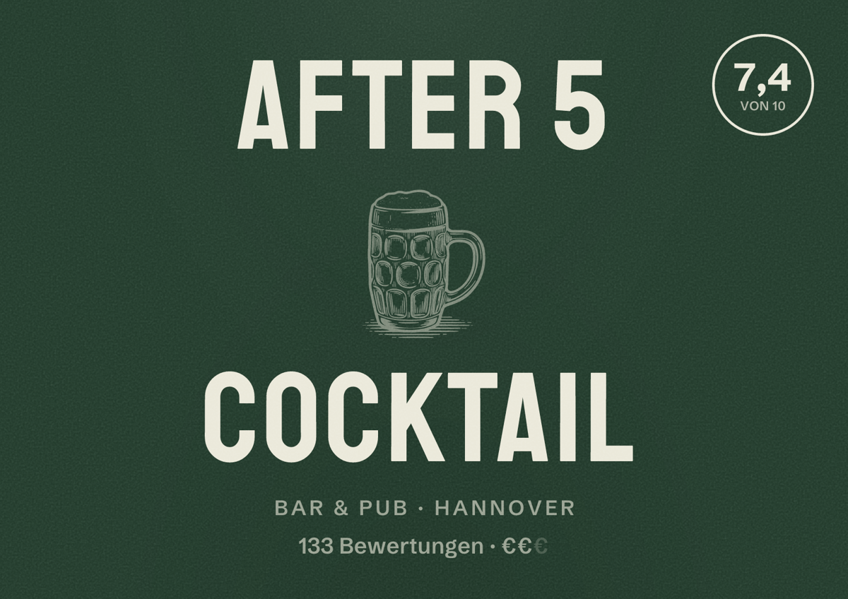 Illustriertes Poster von After 5 cocktail, Bar & Pub in Hannover: Bewertung 7,4 von 10 aus 133 Bewertungen, Preisniveau €€