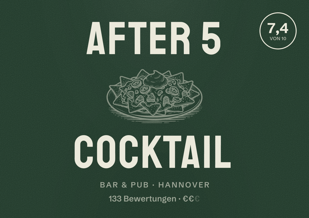 Illustriertes Poster von After 5 cocktail, Bar & Pub in Hannover: Bewertung 7,4 von 10 aus 133 Bewertungen, Preisniveau €€