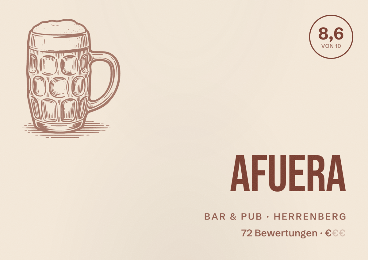 Illustriertes Poster von Afuera, Bar & Pub in Herrenberg: Bewertung 8,6 von 10 aus 72 Bewertungen, Preisniveau €