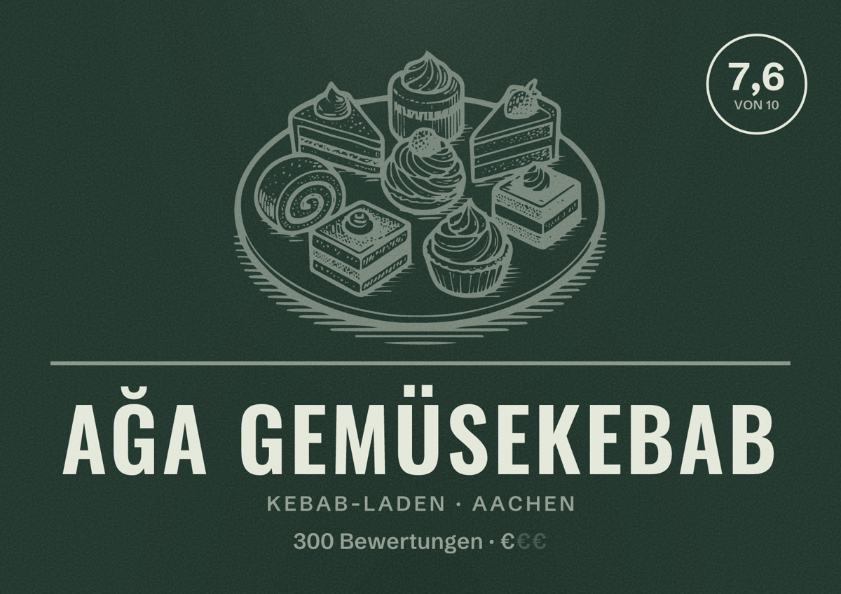 Illustriertes Poster von Ağa Gemüsekebab, Kebab-Laden in Aachen: Bewertung 7,6 von 10 aus 300 Bewertungen, Preisniveau €