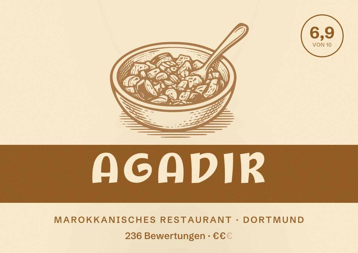 Illustriertes Poster von Agadir, Marokkanisches Restaurant in Dortmund: Gästebewertung 6,9 von 10 aus 236 Bewertungen