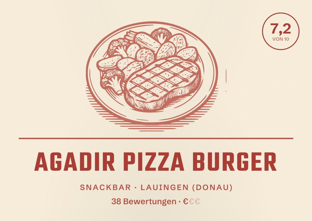 Illustriertes Poster von Agadir Pizza Burger, Snackbar in Lauingen (Donau): Bewertung 7,2 von 10 aus 38 Bewertungen, Preisniveau €