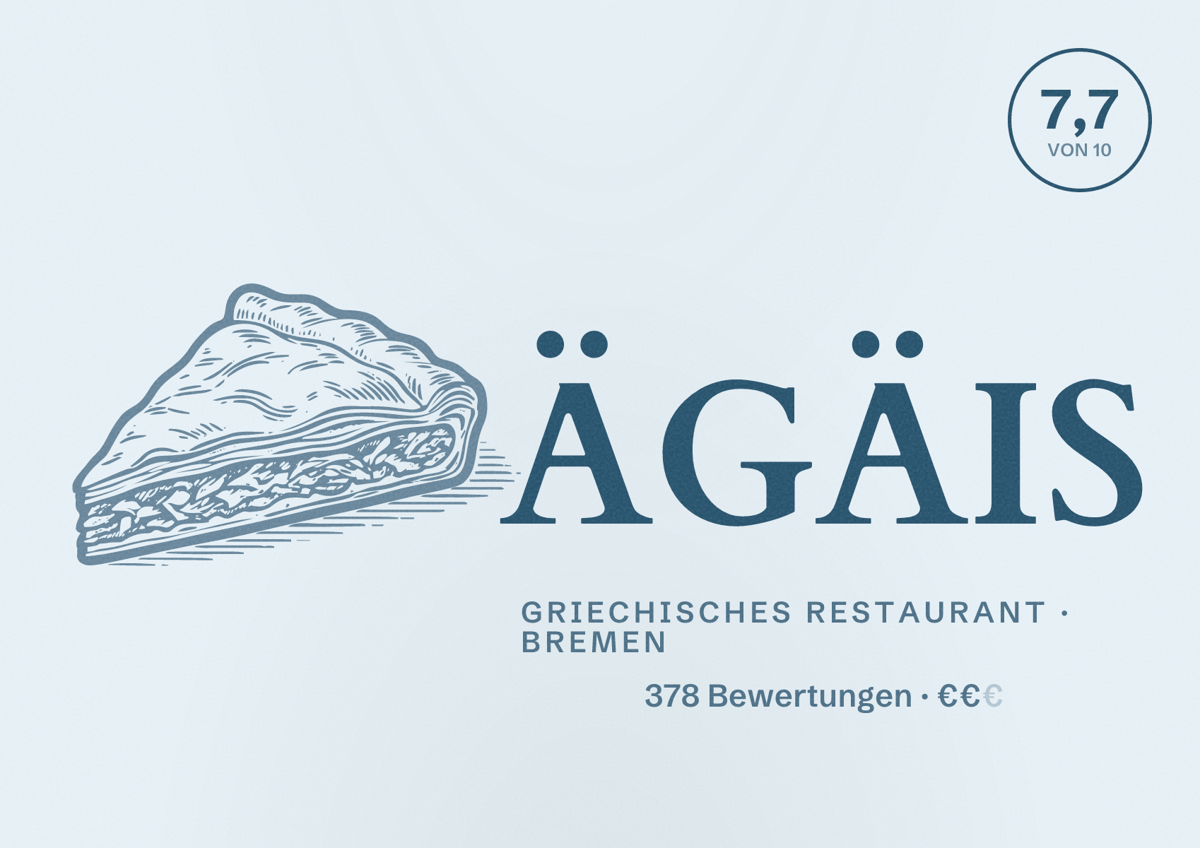 Illustriertes Poster von ÄGÄIS, Griechisches Restaurant in Bremen: Bewertung 7,7 von 10 aus 378 Bewertungen, Preisniveau €€