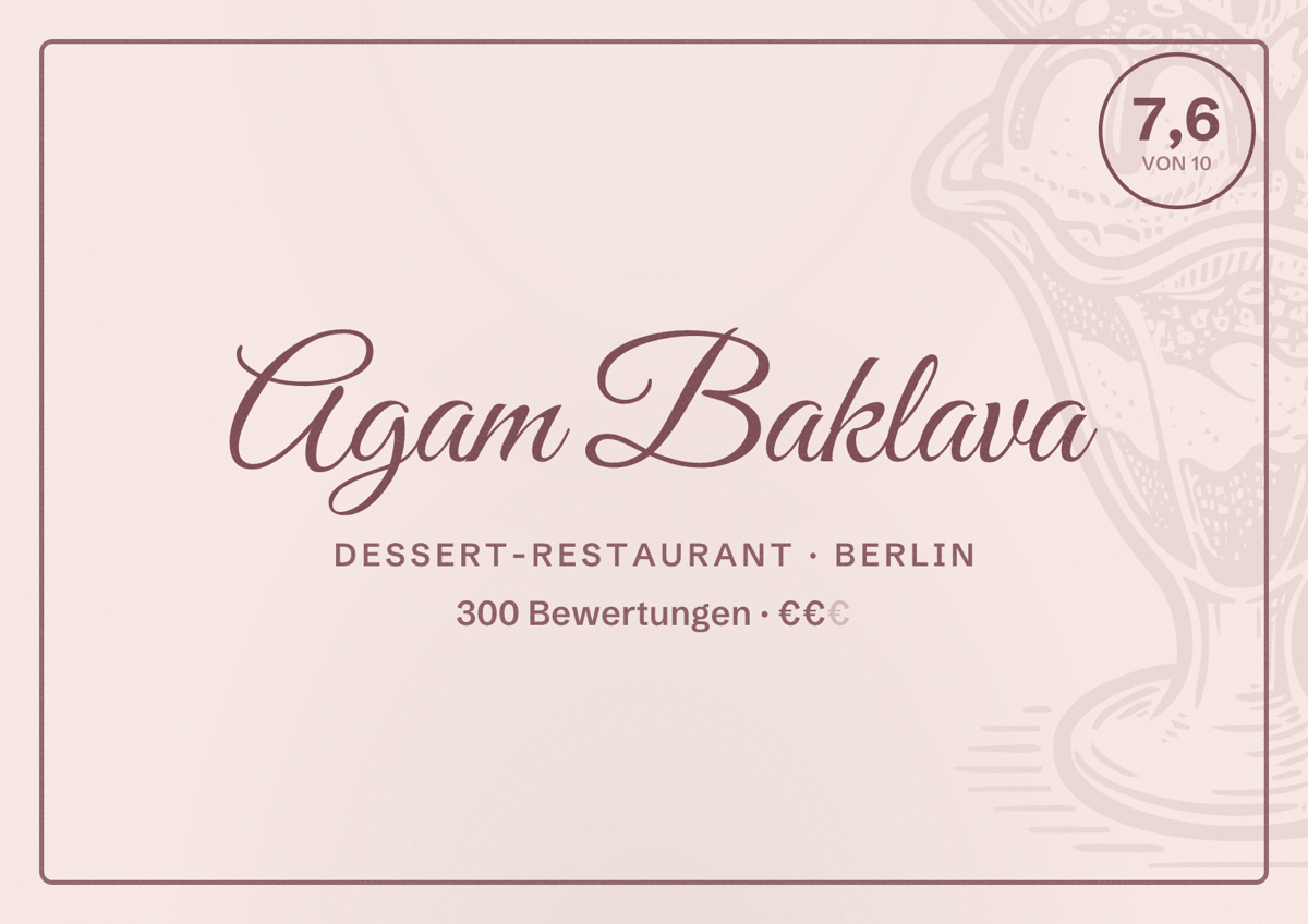 Illustriertes Poster von Agam Baklava, Dessert-Restaurant in Berlin: Bewertung 7,6 von 10 aus 300 Bewertungen, Preisniveau €€