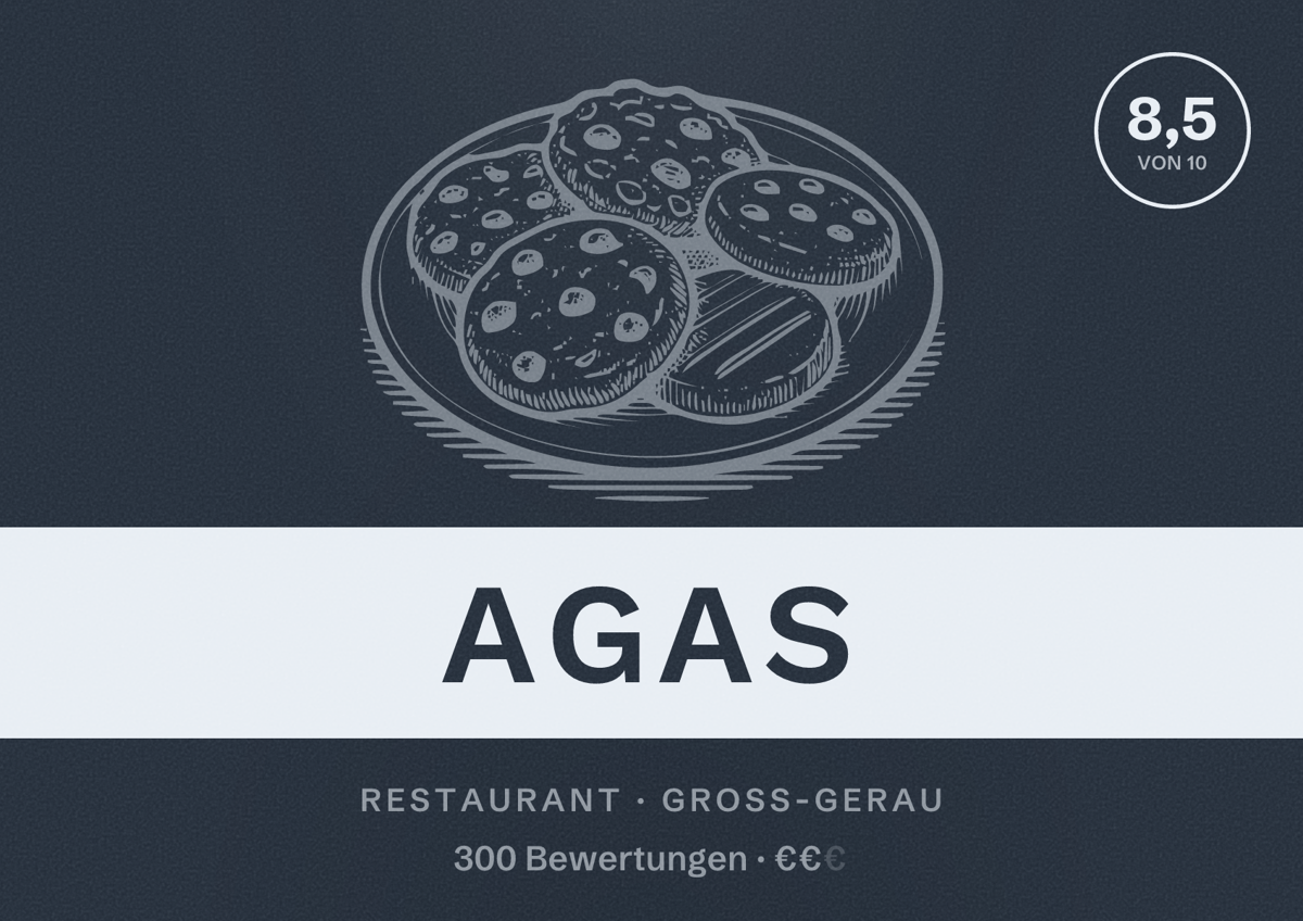 Illustriertes Poster von Agas, Restaurant in Groß-Gerau: Bewertung 8,5 von 10 aus 300 Bewertungen, Preisniveau €€