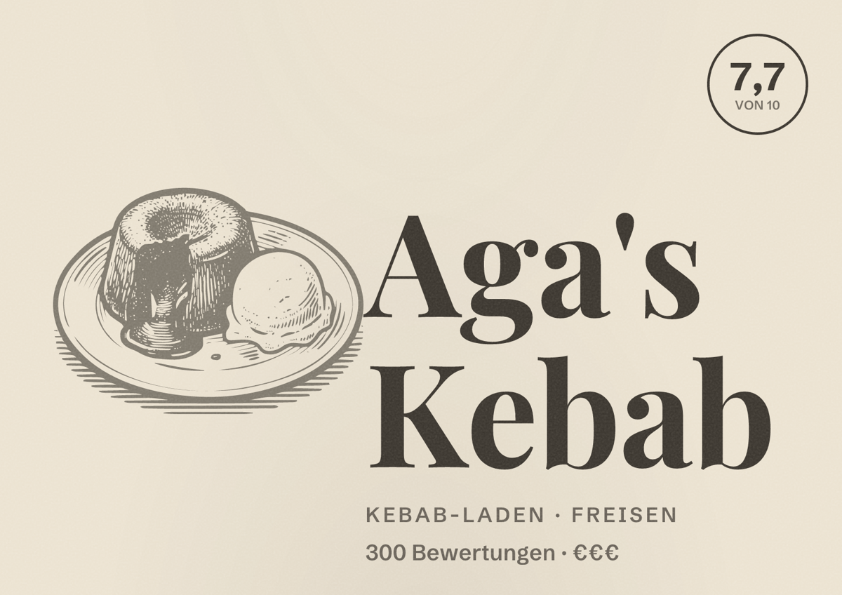 Illustriertes Poster von Aga's Kebab, Kebab-Laden in Freisen: Bewertung 7,7 von 10 aus 300 Bewertungen, Preisniveau €€€