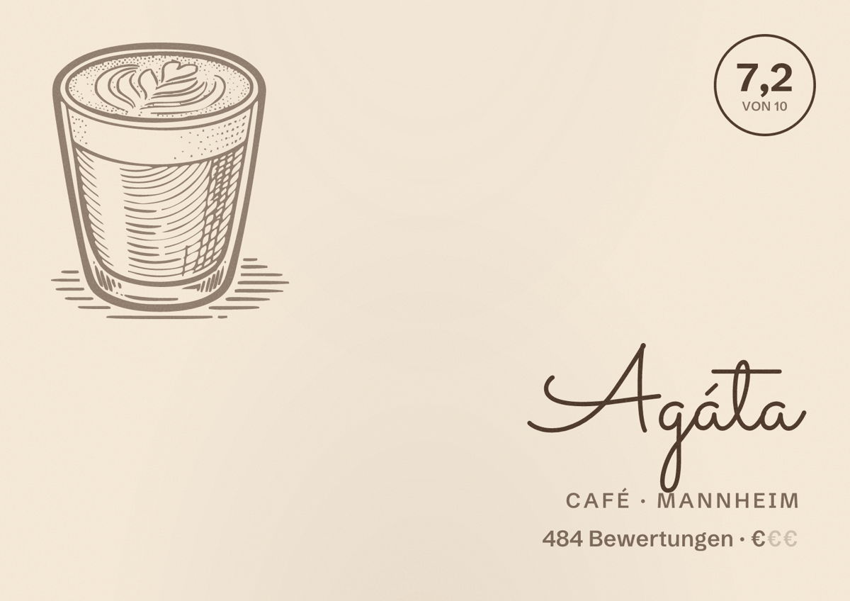 Illustriertes Poster von Agáta, Café in Mannheim: Bewertung 7,2 von 10 aus 484 Bewertungen, Preisniveau €