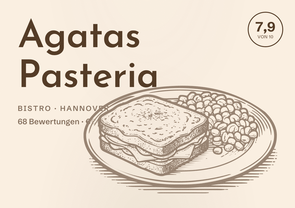 Illustriertes Poster von Agatas Pasteria, Bistro in Hannover: Bewertung 7,9 von 10 aus 68 Bewertungen, Preisniveau €