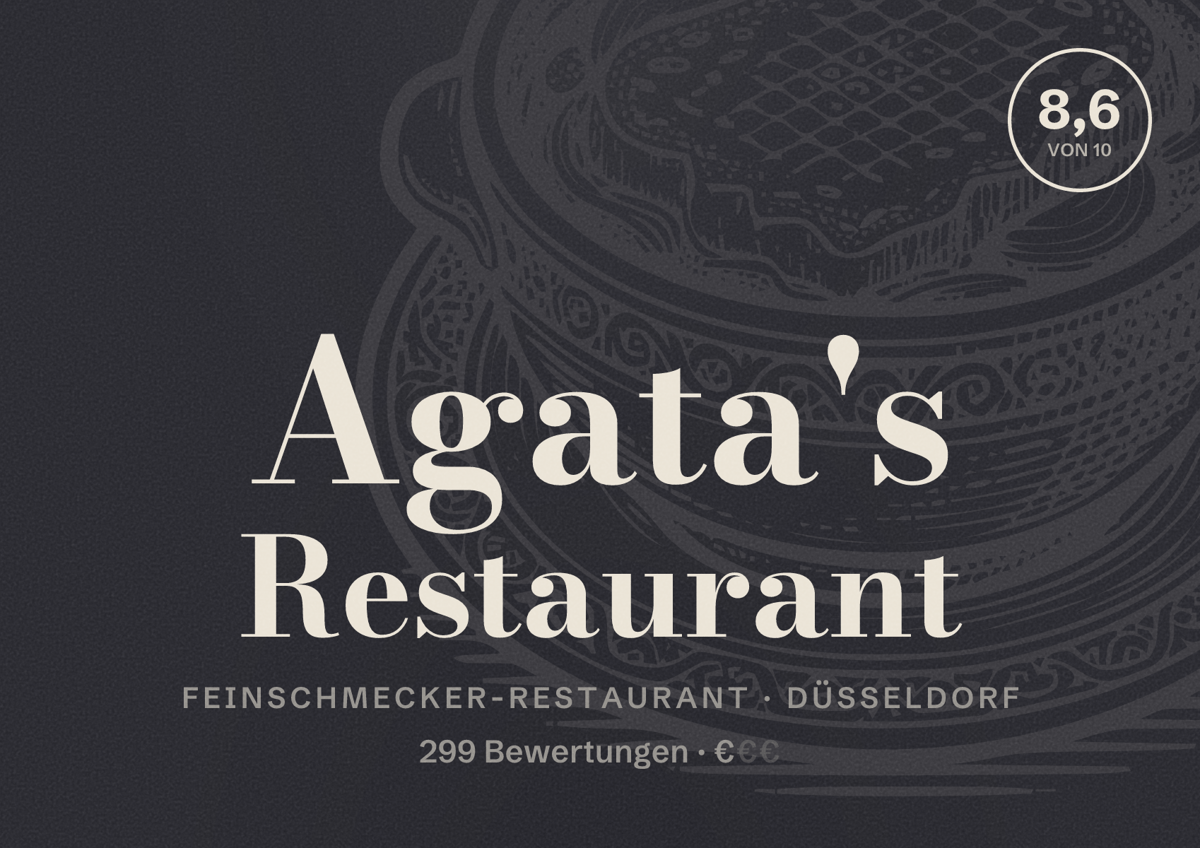Illustriertes Poster von Agata's Restaurant, Feinschmecker-Restaurant in Düsseldorf: Bewertung 8,6 von 10 aus 299 Bewertungen, Preisniveau €