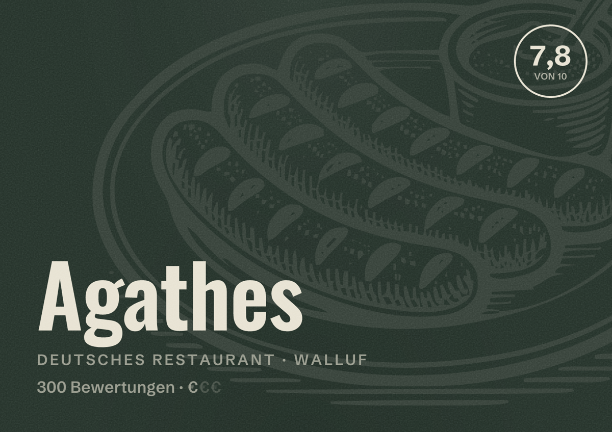Illustriertes Poster von Agathes, Deutsches Restaurant in Walluf: Bewertung 7,8 von 10 aus 300 Bewertungen, Preisniveau €
