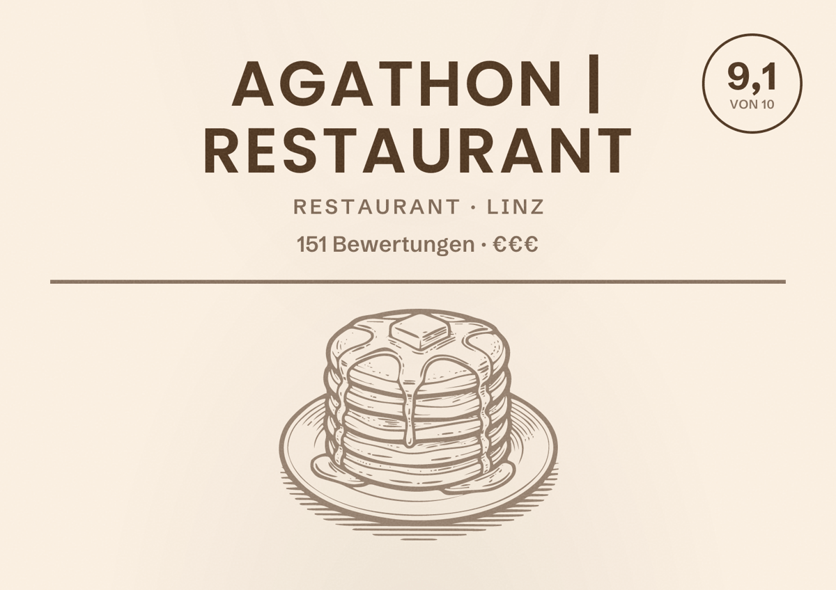 Illustriertes Poster von Agathon | Restaurant, Restaurant in Linz: Bewertung 9,1 von 10 aus 151 Bewertungen, Preisniveau €€€