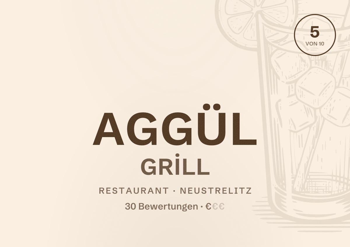 Illustriertes Poster von AGGÜL GRİLL, Restaurant in Neustrelitz: Bewertung 5 von 10 aus 30 Bewertungen, Preisniveau €