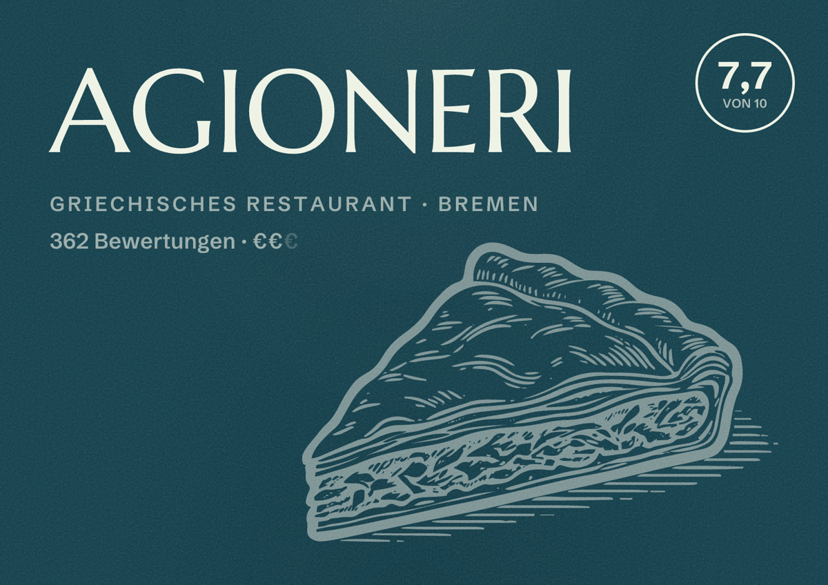 Illustriertes Poster von AGIONERI, Griechisches Restaurant in Bremen: Bewertung 7,7 von 10 aus 362 Bewertungen, Preisniveau €€