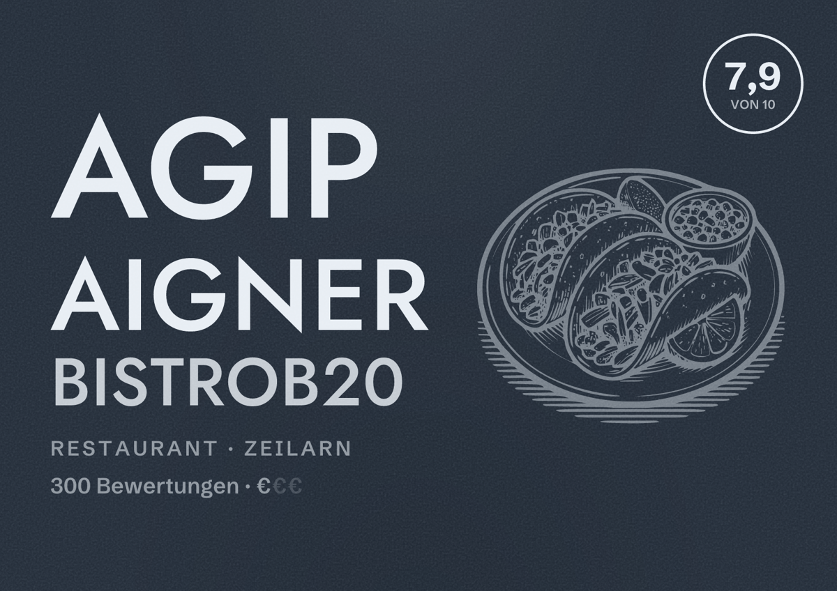 Illustriertes Poster von Agip Aigner BistroB20, Restaurant in Zeilarn: Bewertung 7,9 von 10 aus 300 Bewertungen, Preisniveau €