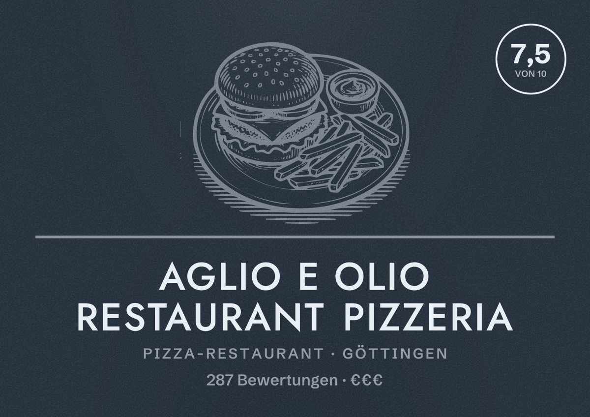 Illustriertes Poster von Aglio e Olio Restaurant Pizzeria, Pizza-Restaurant in Göttingen: Bewertung 7,5 von 10 aus 287 Bewertungen, Preisniveau €€€