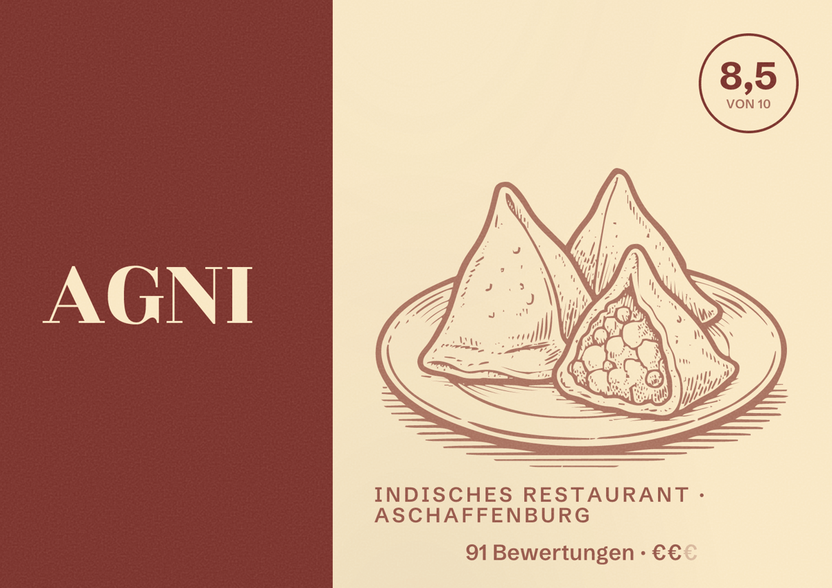 Illustriertes Poster von AGNI, Indisches Restaurant in Aschaffenburg: Bewertung 8,5 von 10 aus 91 Bewertungen, Preisniveau €€