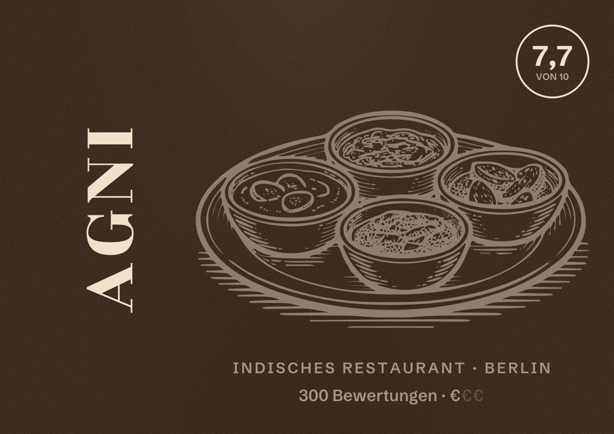 Illustriertes Poster von Agni, Indisches Restaurant in Berlin: Bewertung 7,7 von 10 aus 300 Bewertungen, Preisniveau €