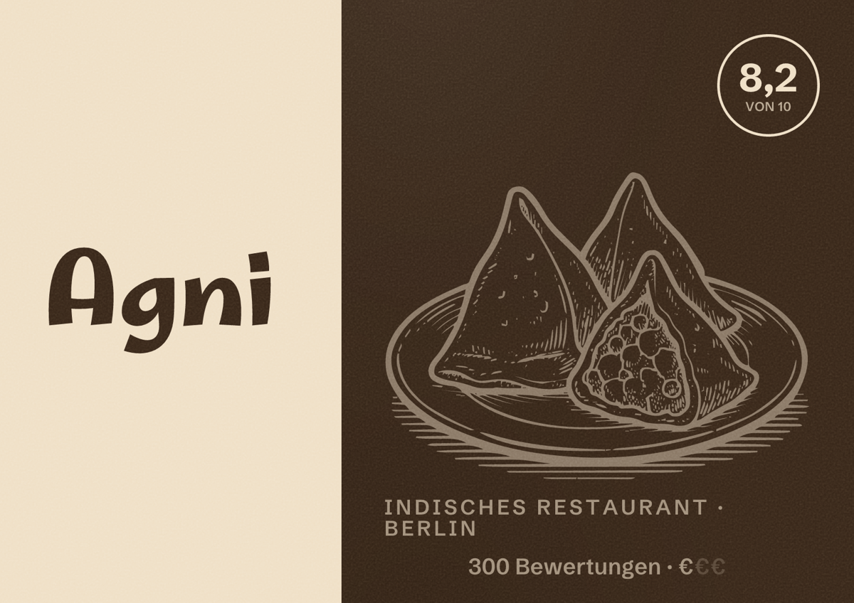 Illustriertes Poster von Agni, Indisches Restaurant in Berlin: Bewertung 8,2 von 10 aus 300 Bewertungen, Preisniveau €
