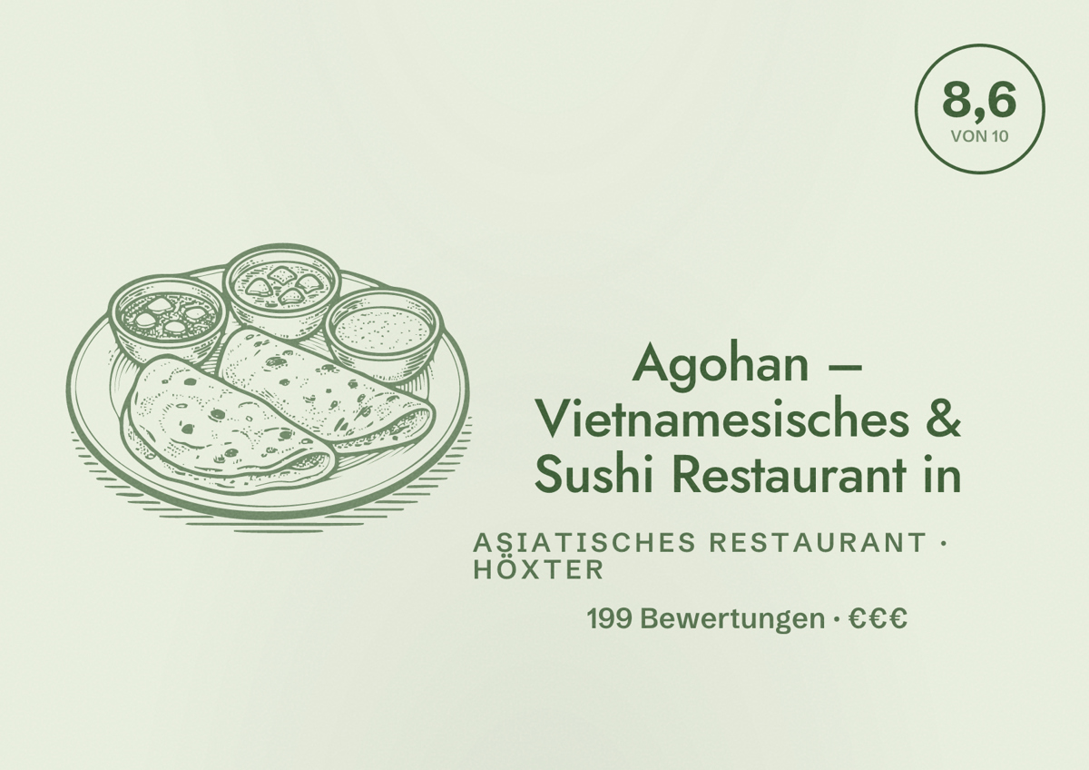 Illustriertes Poster von Agohan – Vietnamesisches & Sushi Restaurant in, Asiatisches Restaurant in Höxter: Bewertung 8,6 von 10 aus 199 Bewertungen, Preisniveau €€€